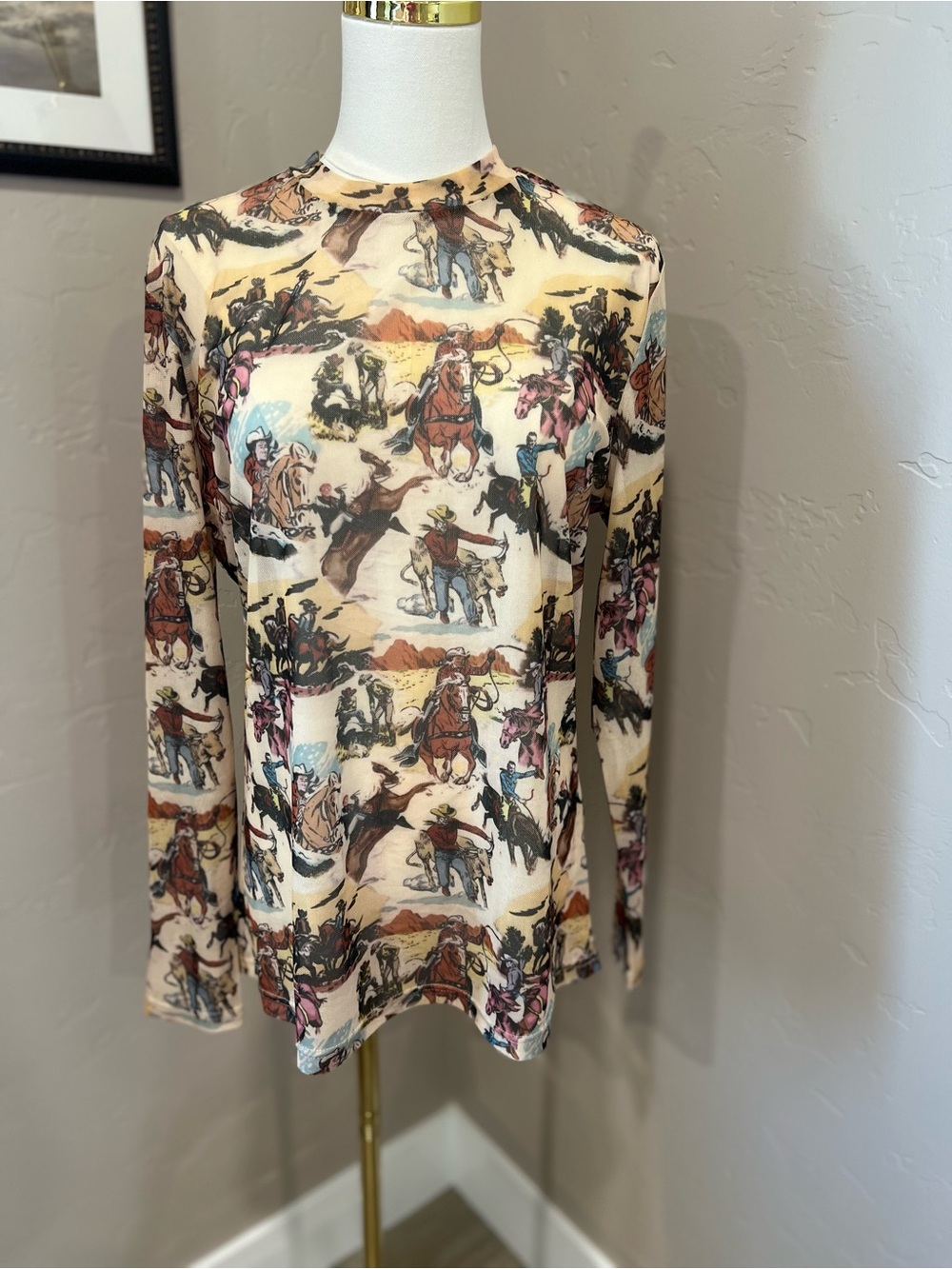 Western Print Long Sleeve Sheer Top - Cream Multi. Size XL. NWOT